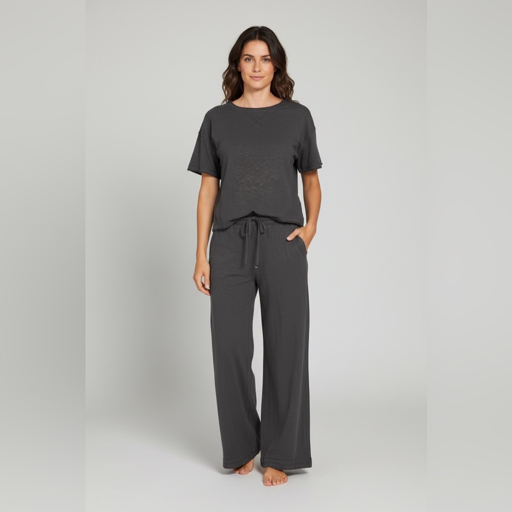Zenana Washed Black Relaxed Slub Short Sleeve Top and Pants Set